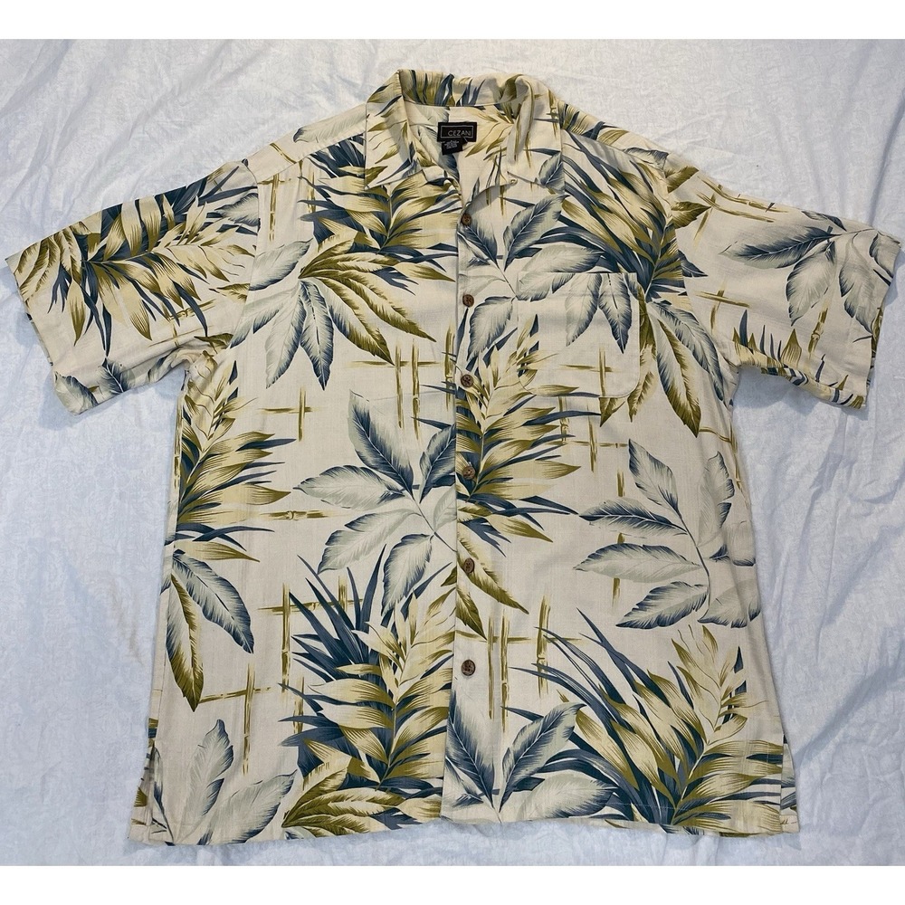 Cezani Mens‎ Large 100% Silk Hawaiian Shirt Tropical Aloha Camp Shirt Beige Blue